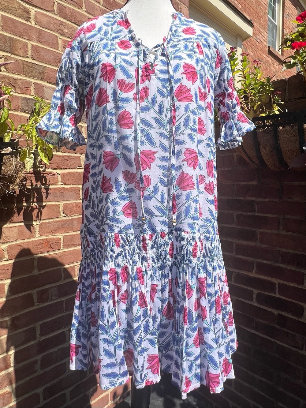 Oliphant 100% Cotton Smocked Drop Waist Mini Dress Sz S Block Print Floral